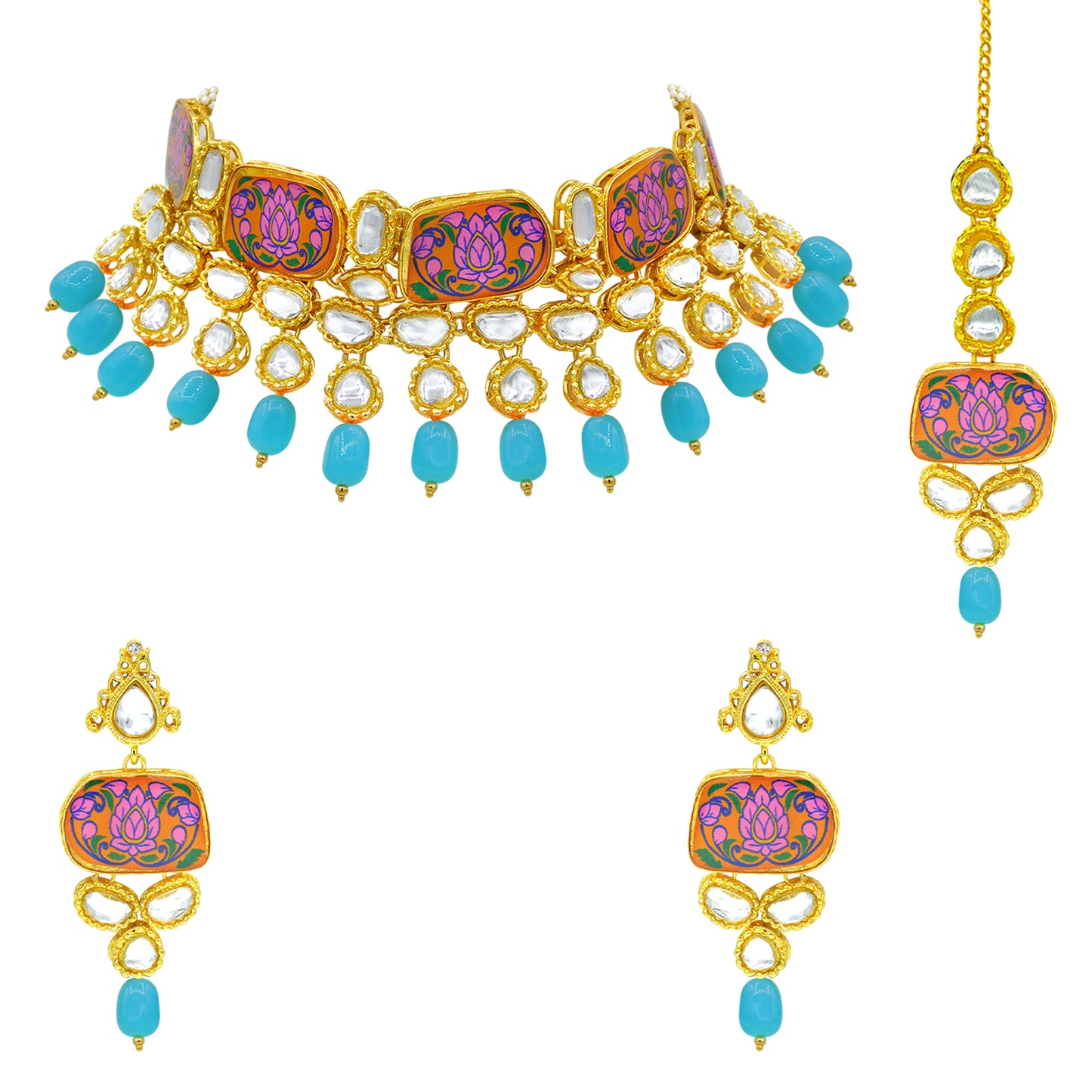 Sujwel Traditional Beaded Kundan Necklace Set With Maang Tikka for Women & Girls - Sujwel