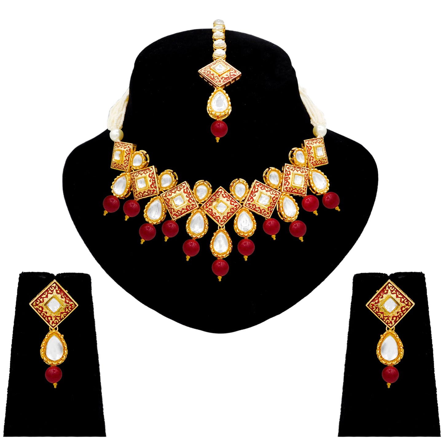 Sujwel Gold Plated Kundan Meenakari Design Choker Necklace Set (08-0122) - Sujwel