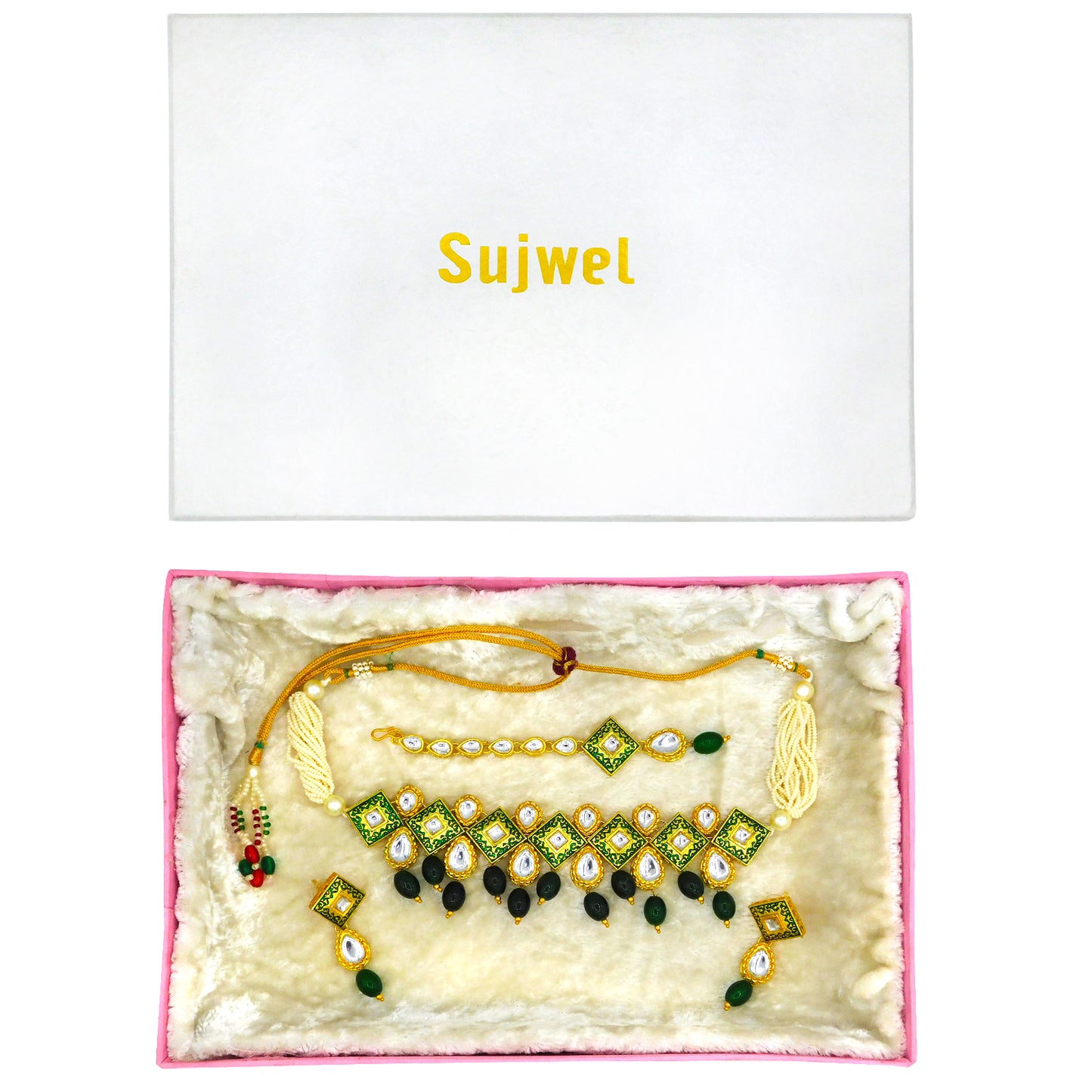 Sujwel Gold Plated Kundan Meenakari Design Choker Necklace Set (08-0122) - Sujwel