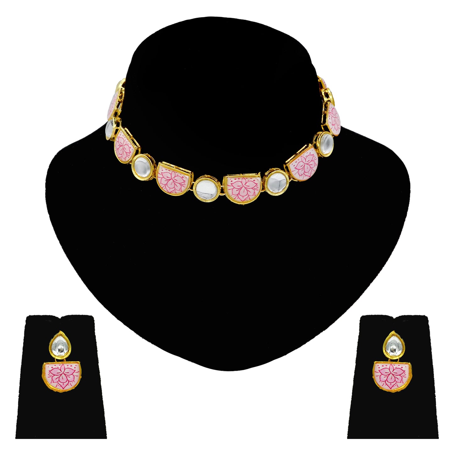 Sujwel Kundan and Painting with Floral Design Chokar Necklace Set (08-0427) - Sujwel