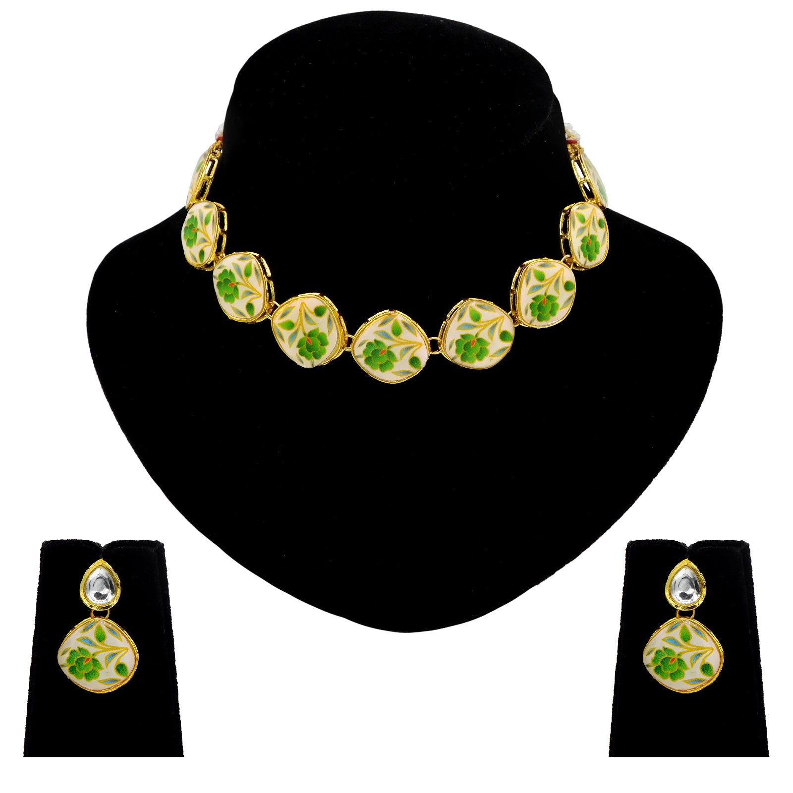 Sujwel Painting with Floral Design Chokar Necklace Set (08-0431) - Sujwel
