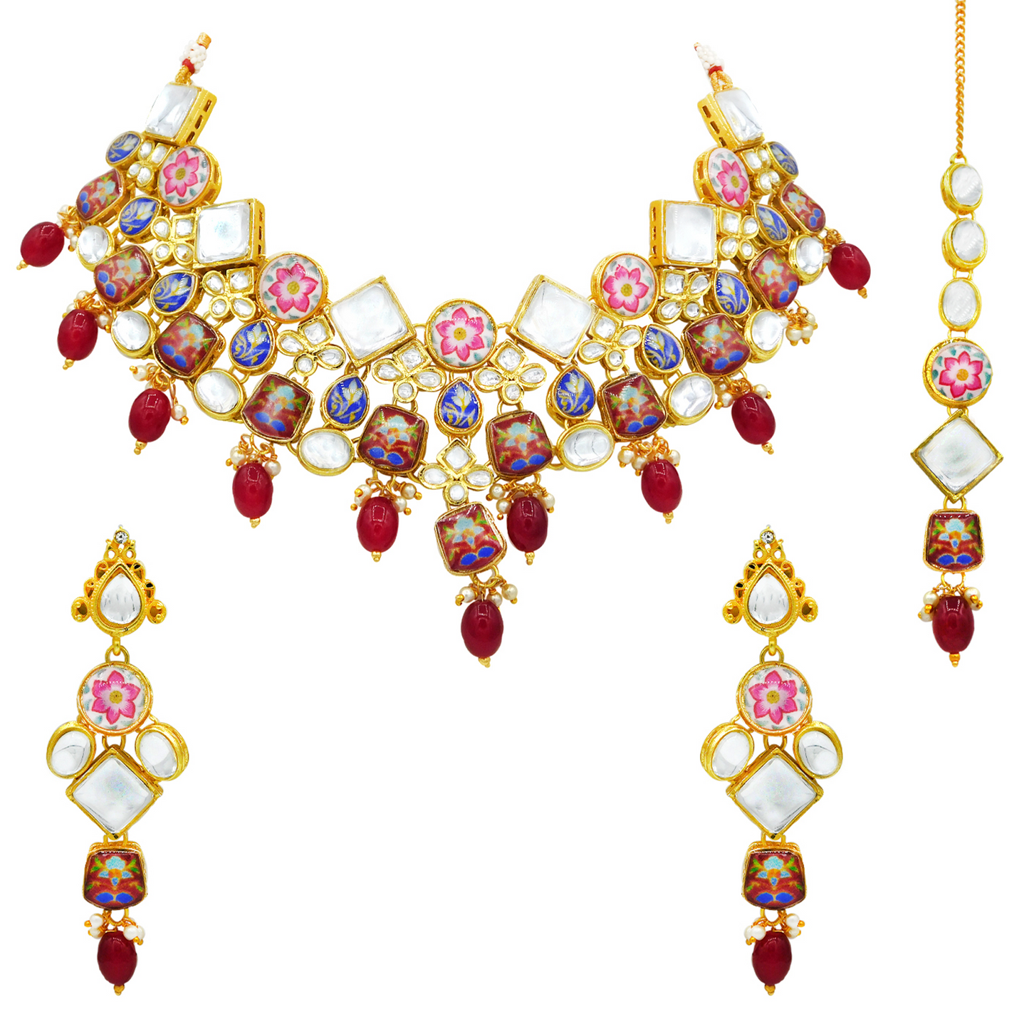 Sujwel Gold Plated Kundan Floral Design Choker Necklace Set (08-0271) - Sujwel