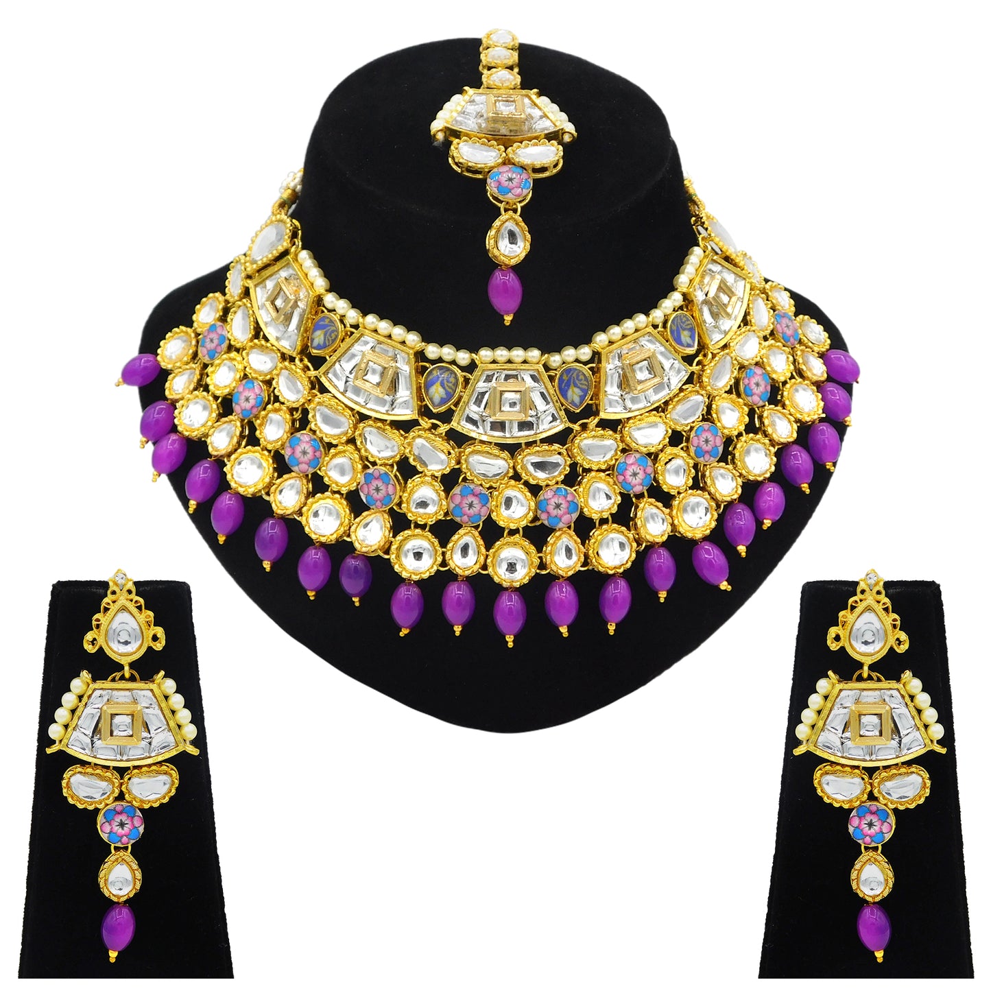 Sujwel Gold Plated Kundan Design Choker Necklace Set For Women (08-0289) - Sujwel