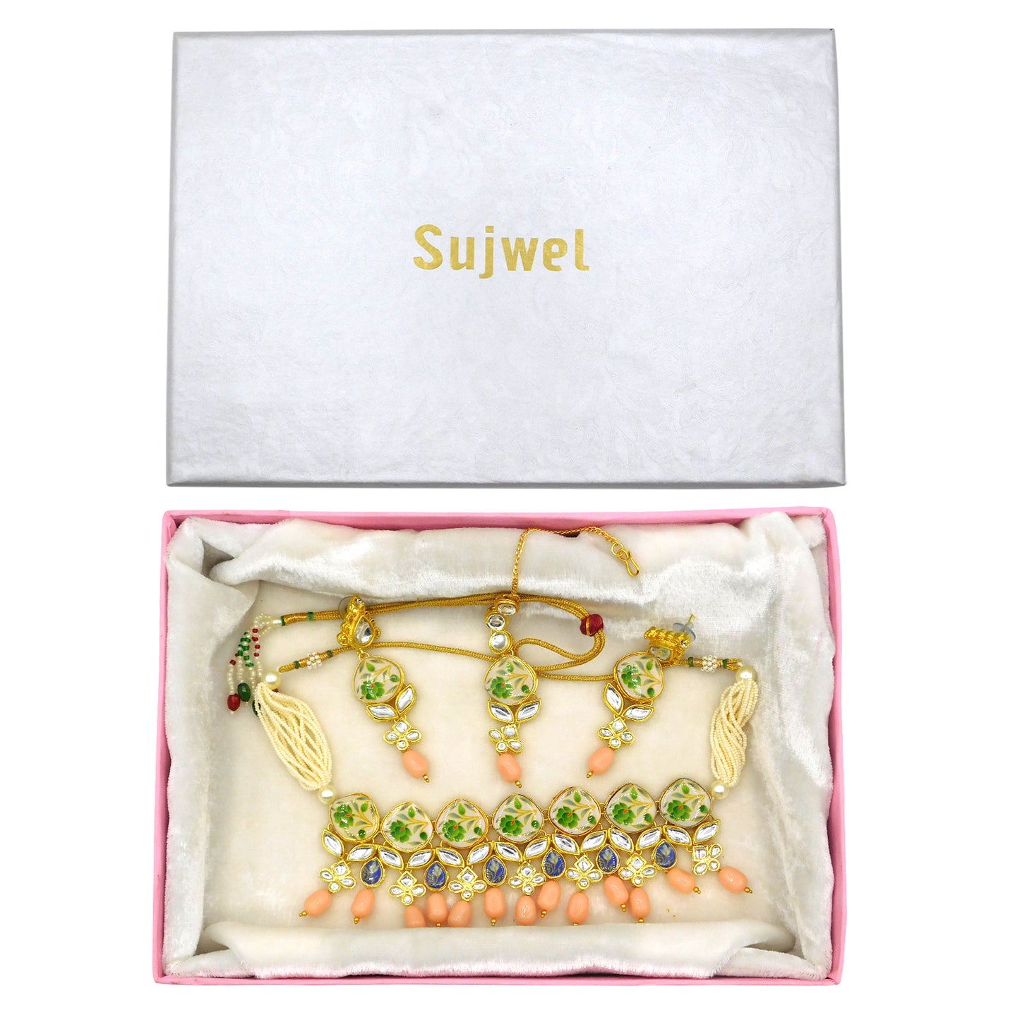 Sujwel Kundan and Painting with Floral Design Chokar Necklace Set (08-0281) - Sujwel