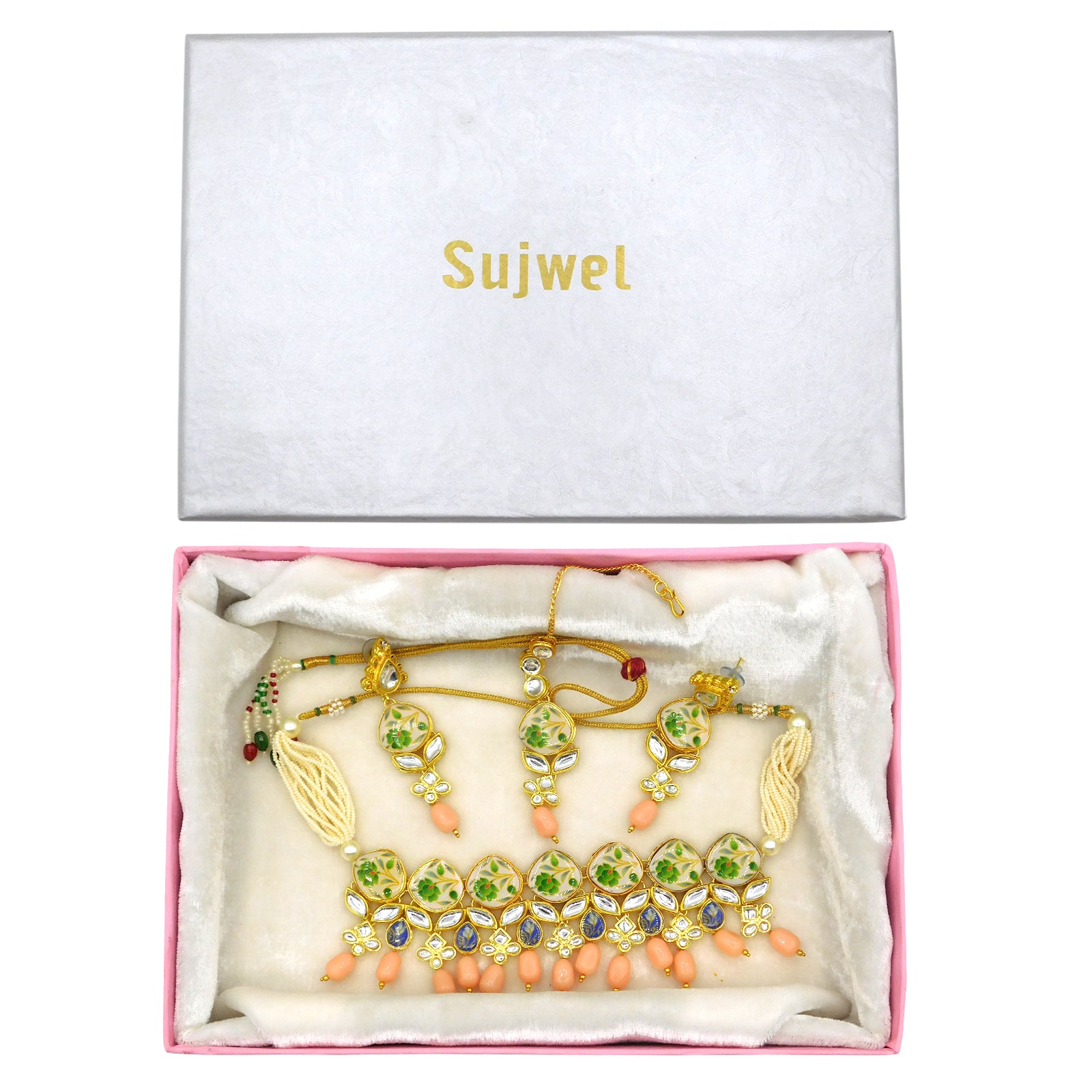 Sujwel Kundan and Painting with Floral Design Chokar Necklace Set (08-0281) - Sujwel