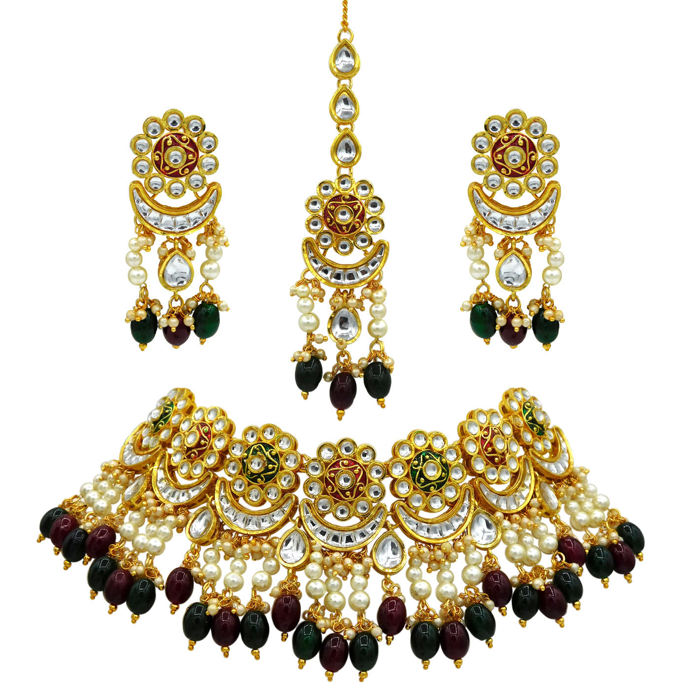 Sujwel Gold Plated Meenakari Choker Necklace Set (08-0243) - Sujwel