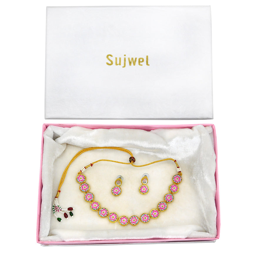 Sujwel Painting with Floral Design Chokar Necklace Set (08-0433) - Sujwel