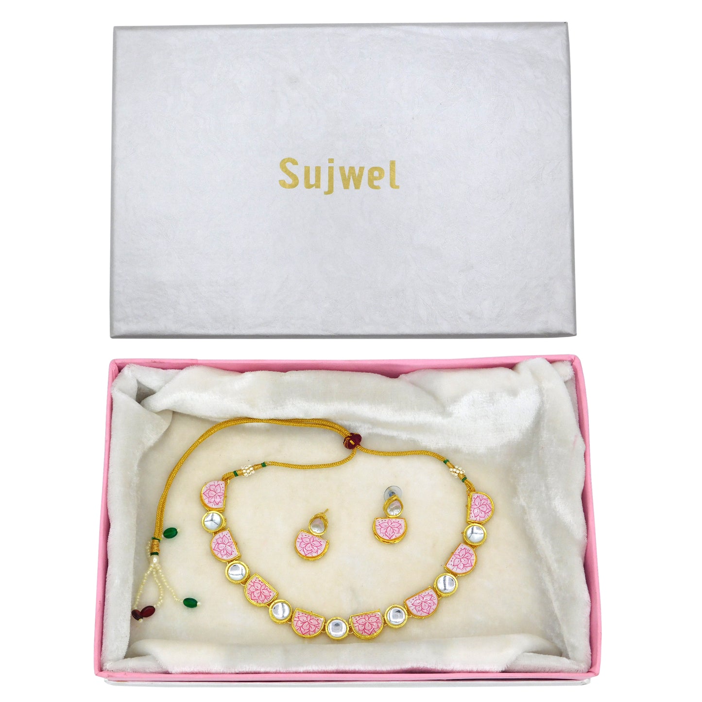 Sujwel Kundan and Painting with Floral Design Chokar Necklace Set (08-0427) - Sujwel