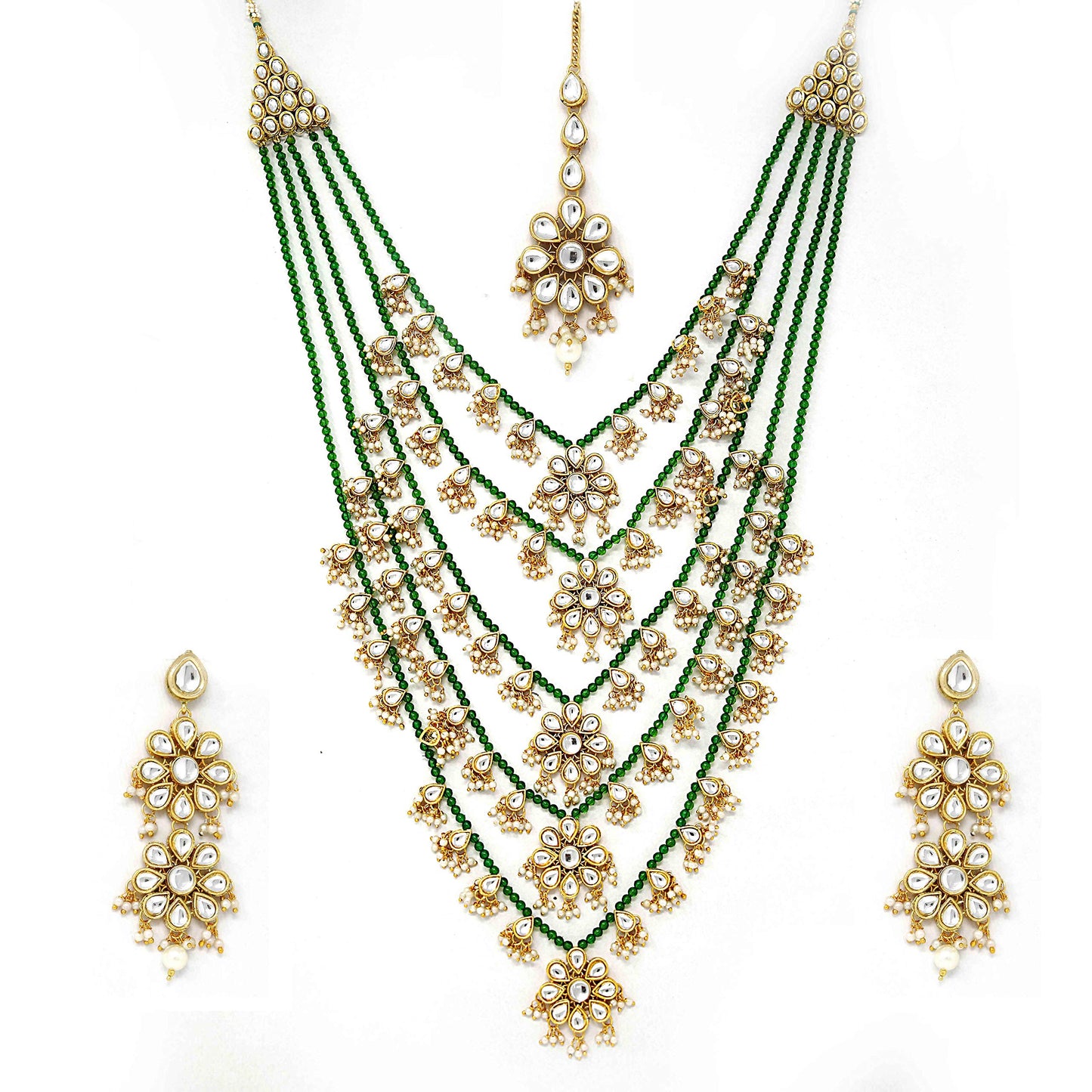 Sujwel Gold Plated Kundan 5 Layered Long Jewellery Set for Women (08-0107) - Sujwel