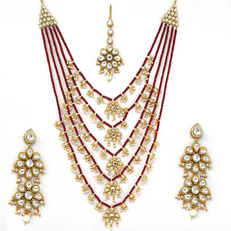 Sujwel Gold Plated Kundan 5 Layered Long Jewellery Set for Women (08-0107) - Sujwel