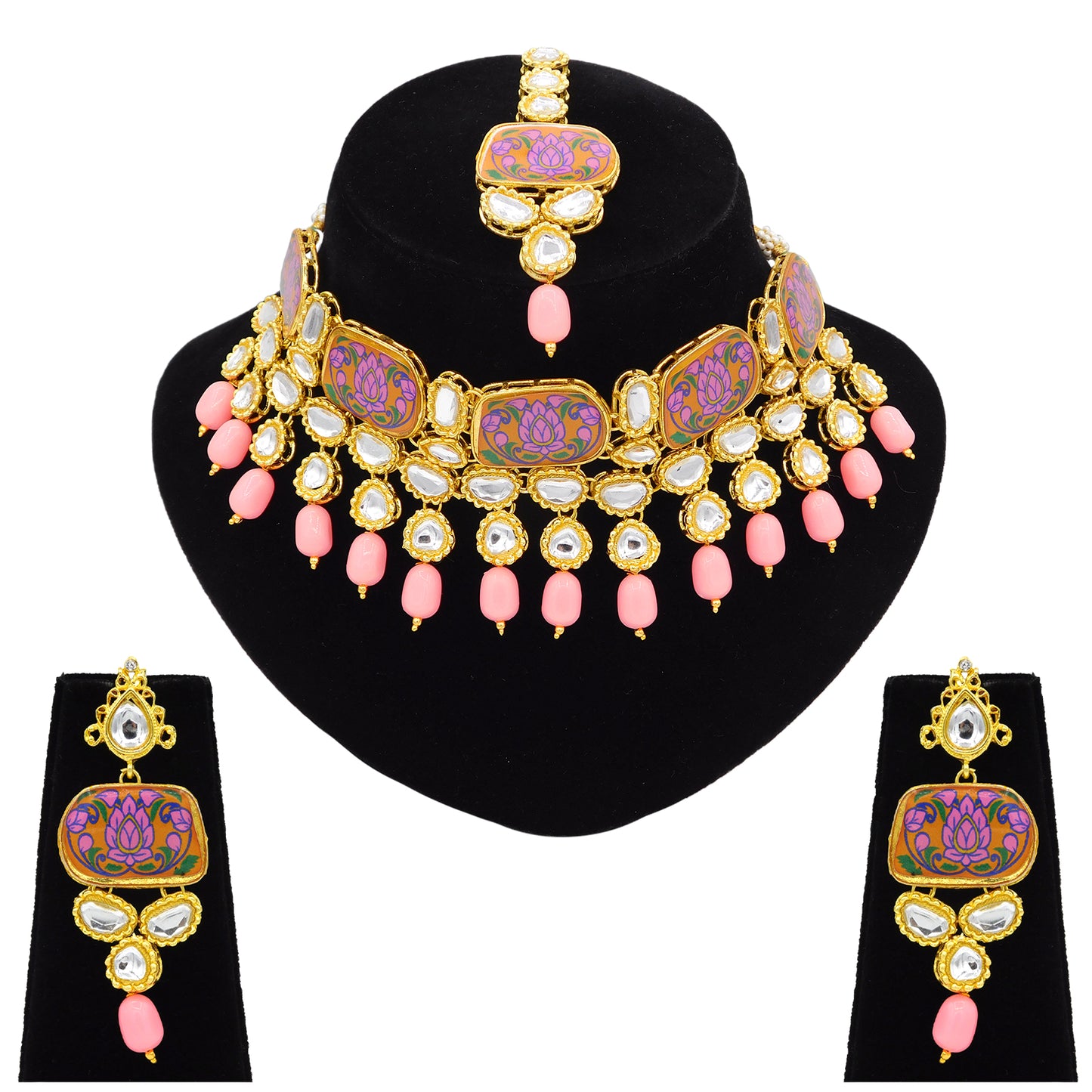 Sujwel Traditional Beaded Kundan Necklace Set With Maang Tikka for Women & Girls - Sujwel