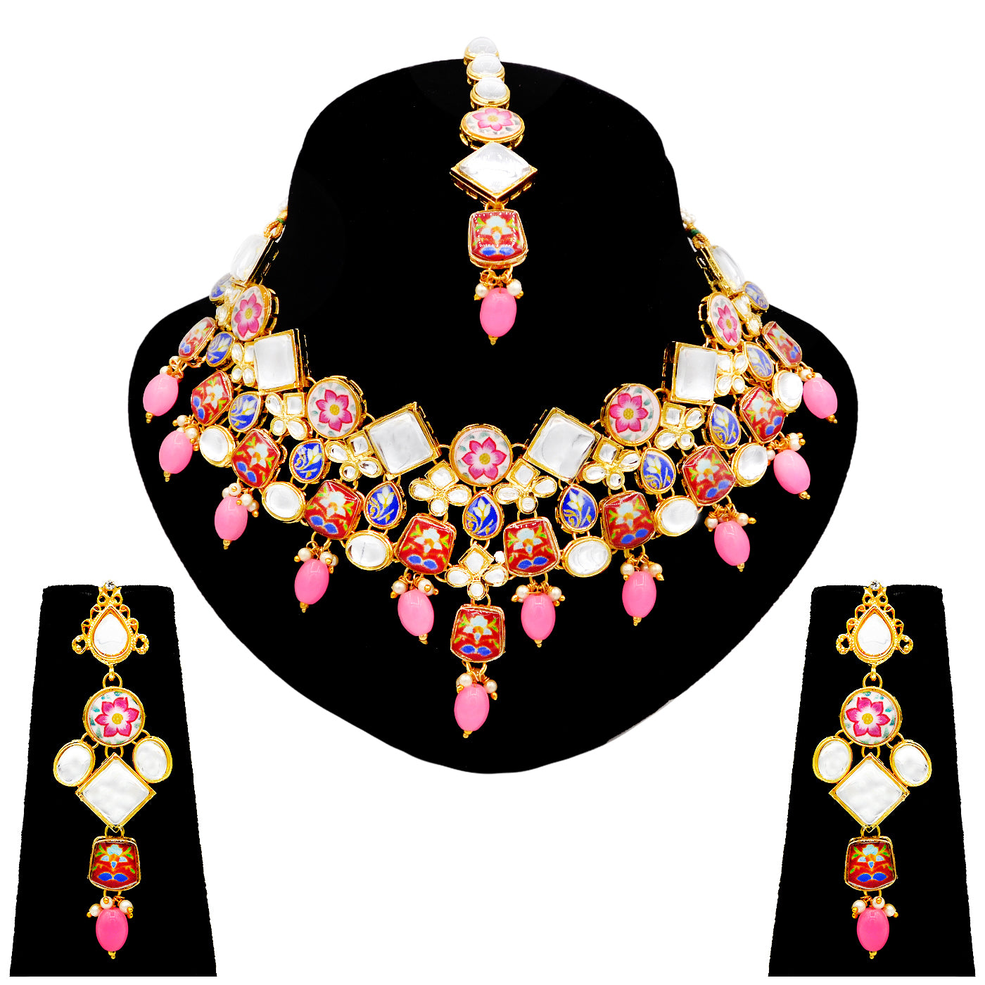 Sujwel Gold Plated Kundan Floral Design Choker Necklace Set (08-0271) - Sujwel