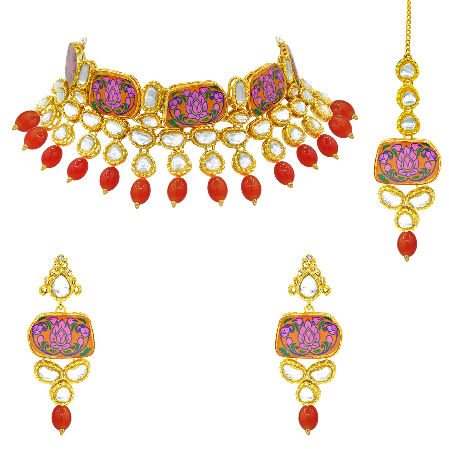 Sujwel Traditional Beaded Kundan Necklace Set With Maang Tikka for Women & Girls - Sujwel