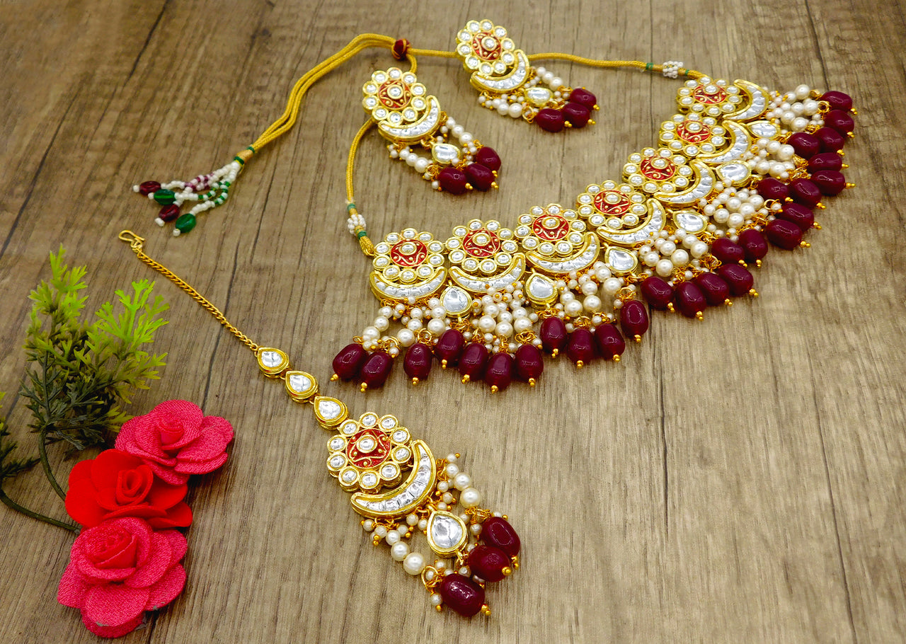 Sujwel Gold Plated Meenakari Choker Necklace Set (08-0243) - Sujwel