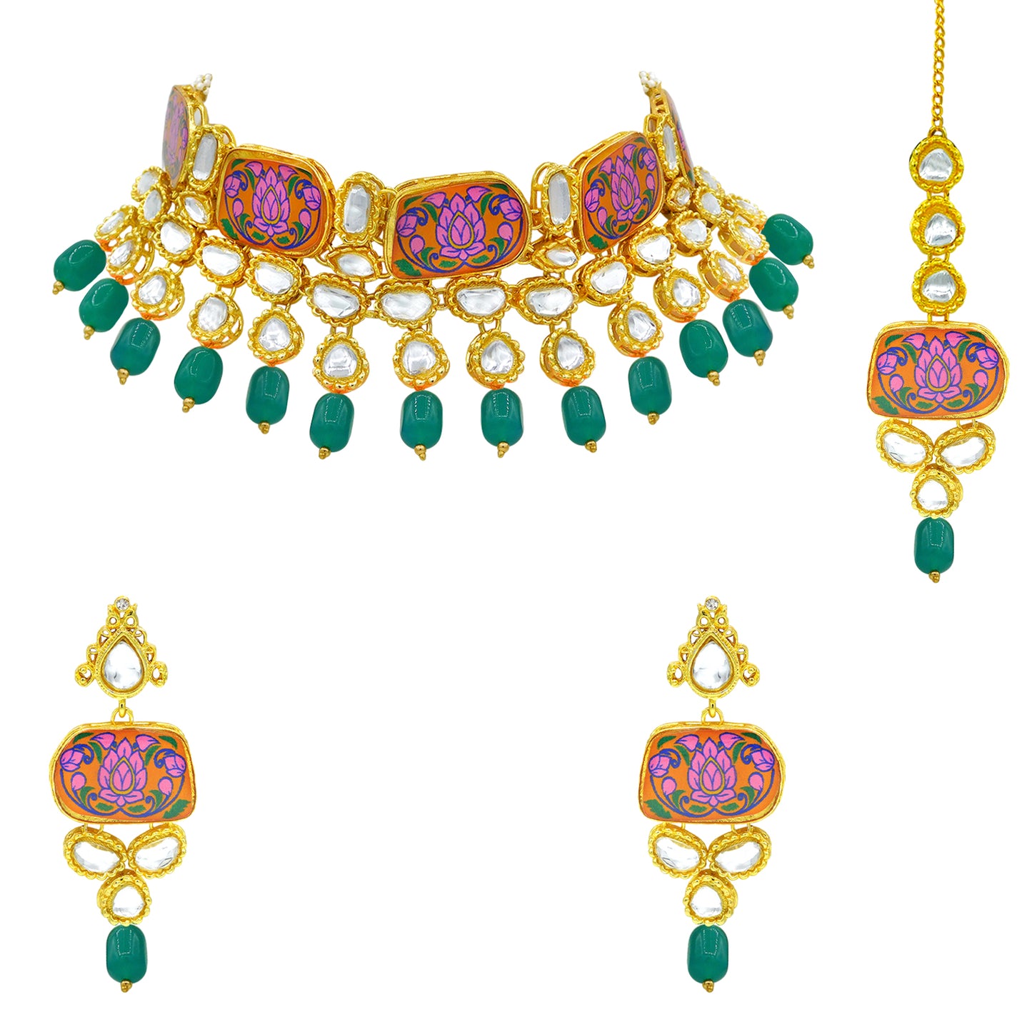 Sujwel Traditional Beaded Kundan Necklace Set With Maang Tikka for Women & Girls - Sujwel