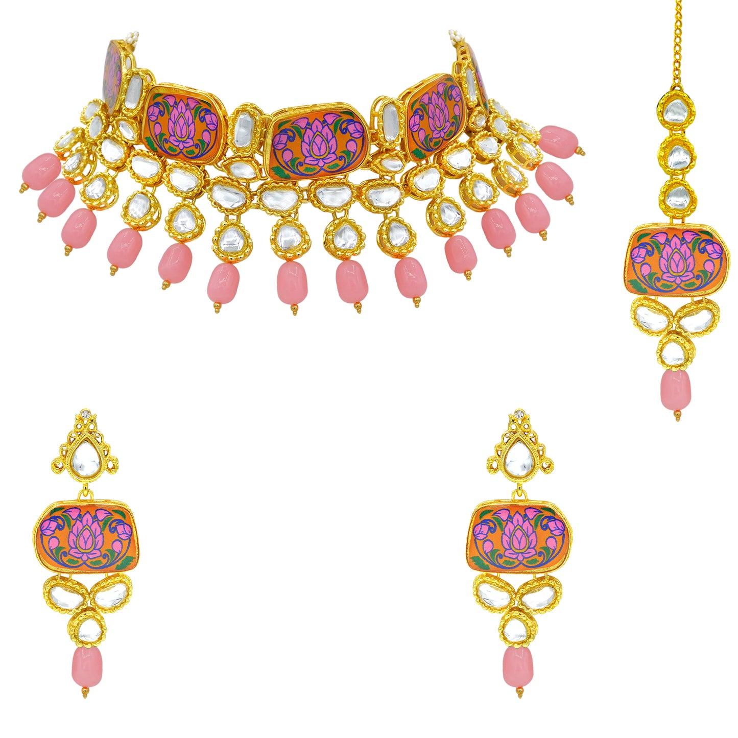 Sujwel Traditional Beaded Kundan Necklace Set With Maang Tikka for Women & Girls - Sujwel