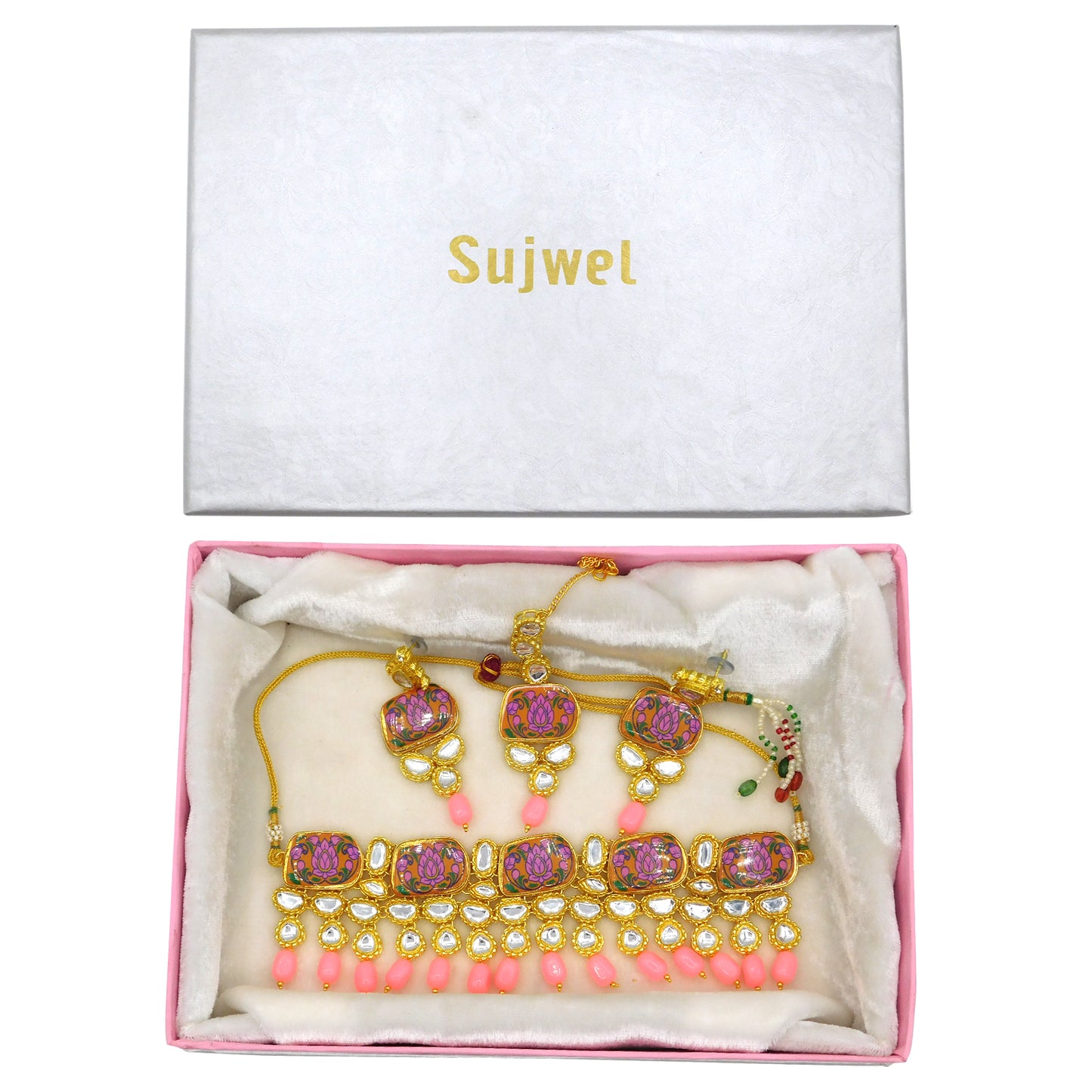 Sujwel Traditional Beaded Kundan Necklace Set With Maang Tikka for Women & Girls - Sujwel