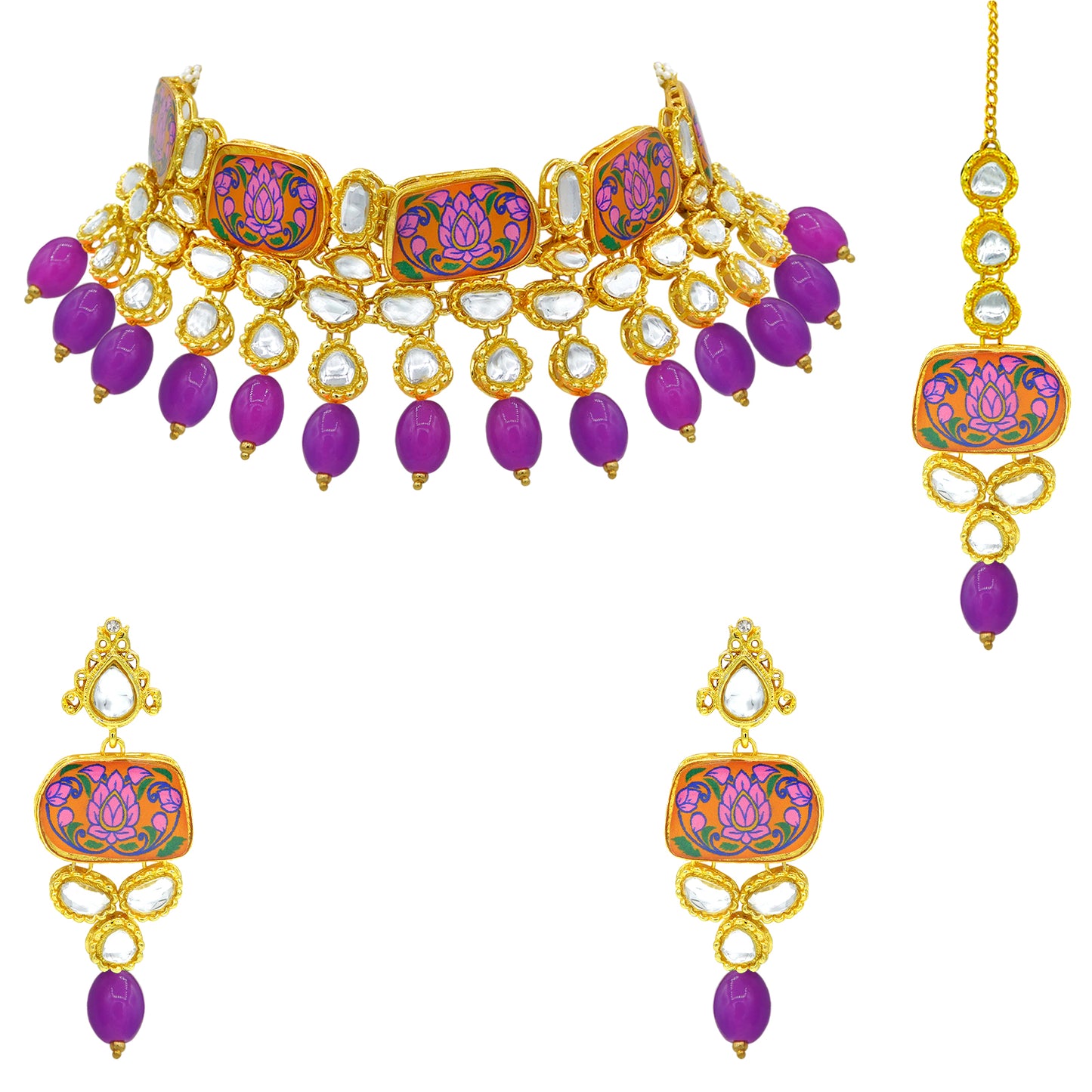 Sujwel Traditional Beaded Kundan Necklace Set With Maang Tikka for Women & Girls - Sujwel