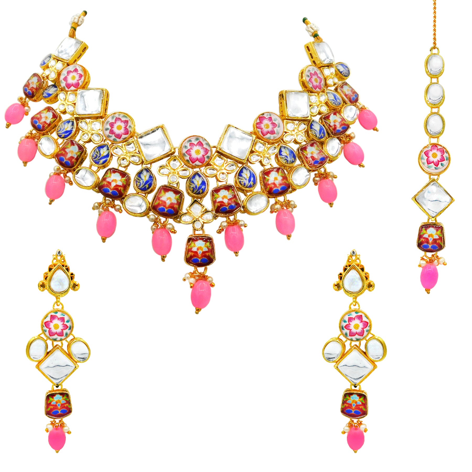 Sujwel Gold Plated Kundan Floral Design Choker Necklace Set (08-0271) - Sujwel