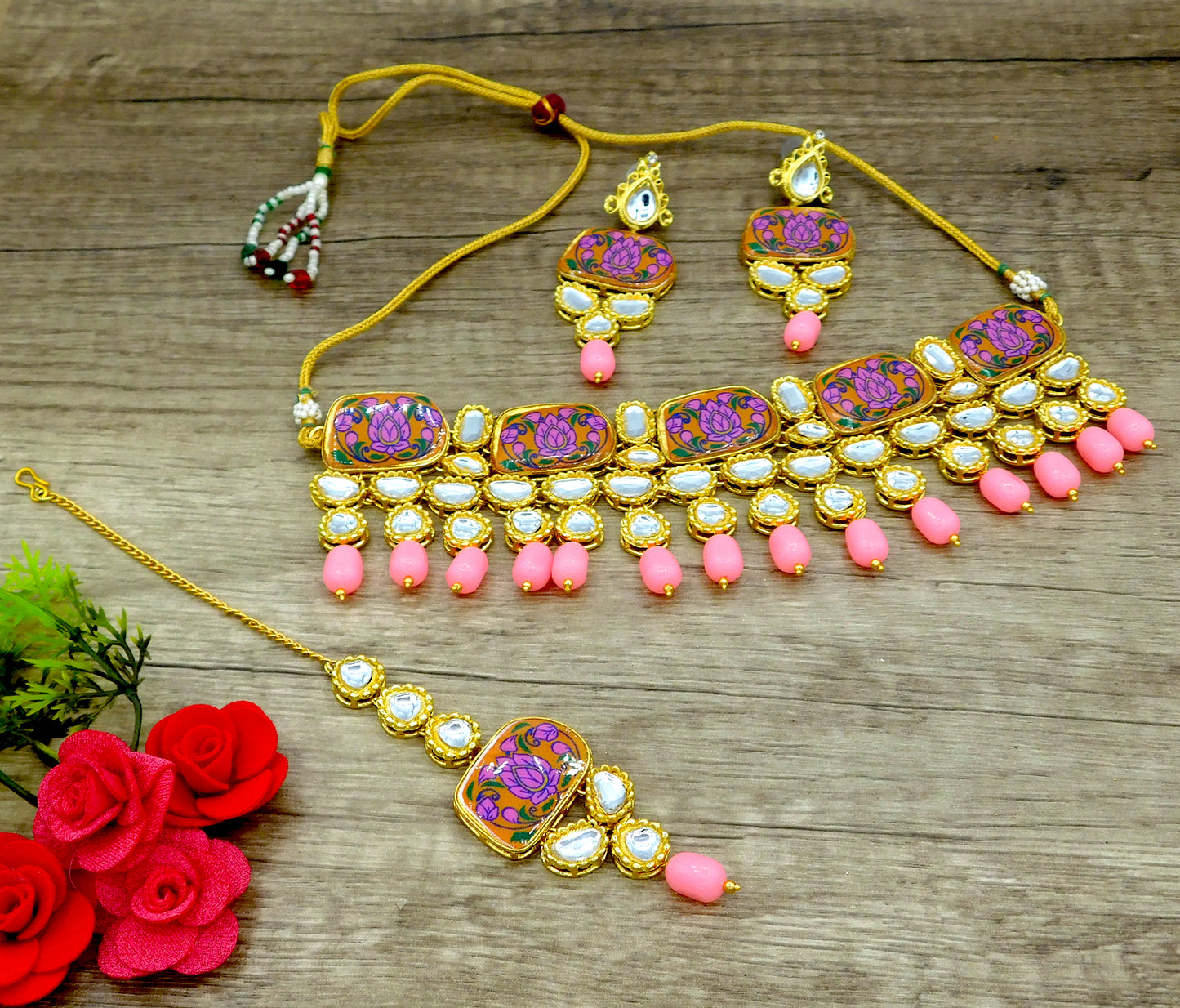 Sujwel Traditional Beaded Kundan Necklace Set With Maang Tikka for Women & Girls - Sujwel