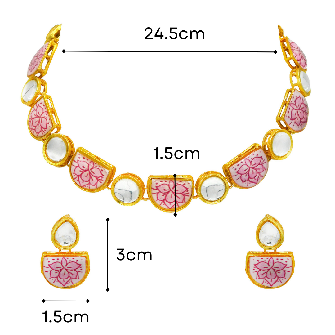 Sujwel Kundan and Painting with Floral Design Chokar Necklace Set (08-0427) - Sujwel