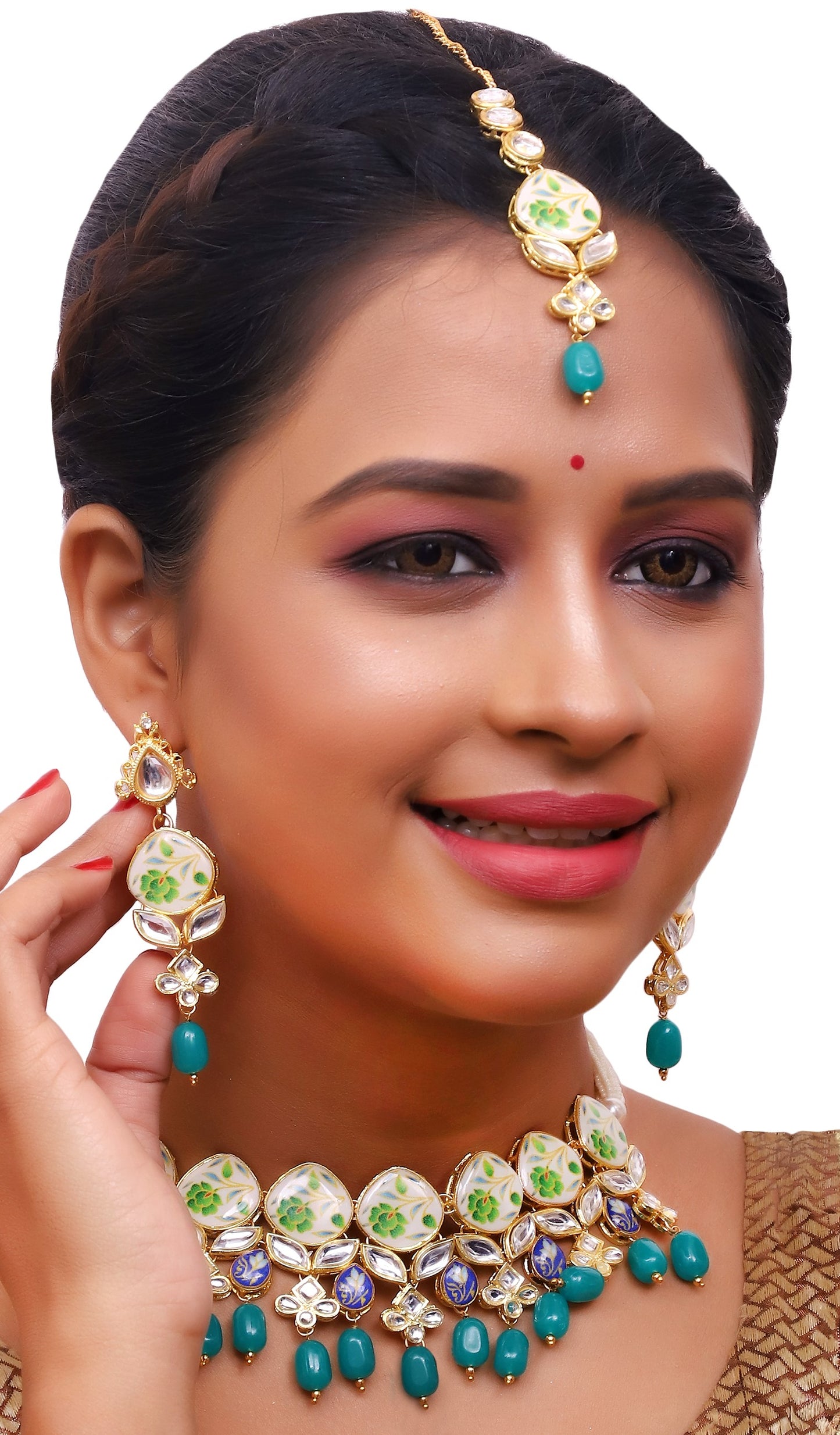 Sujwel Kundan and Painting with Floral Design Chokar Necklace Set (08-0281) - Sujwel