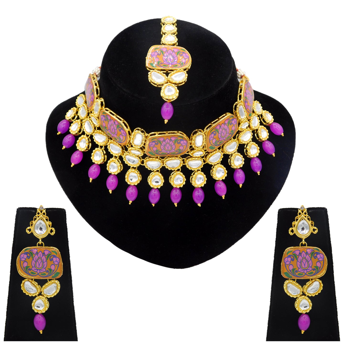 Sujwel Traditional Beaded Kundan Necklace Set With Maang Tikka for Women & Girls - Sujwel