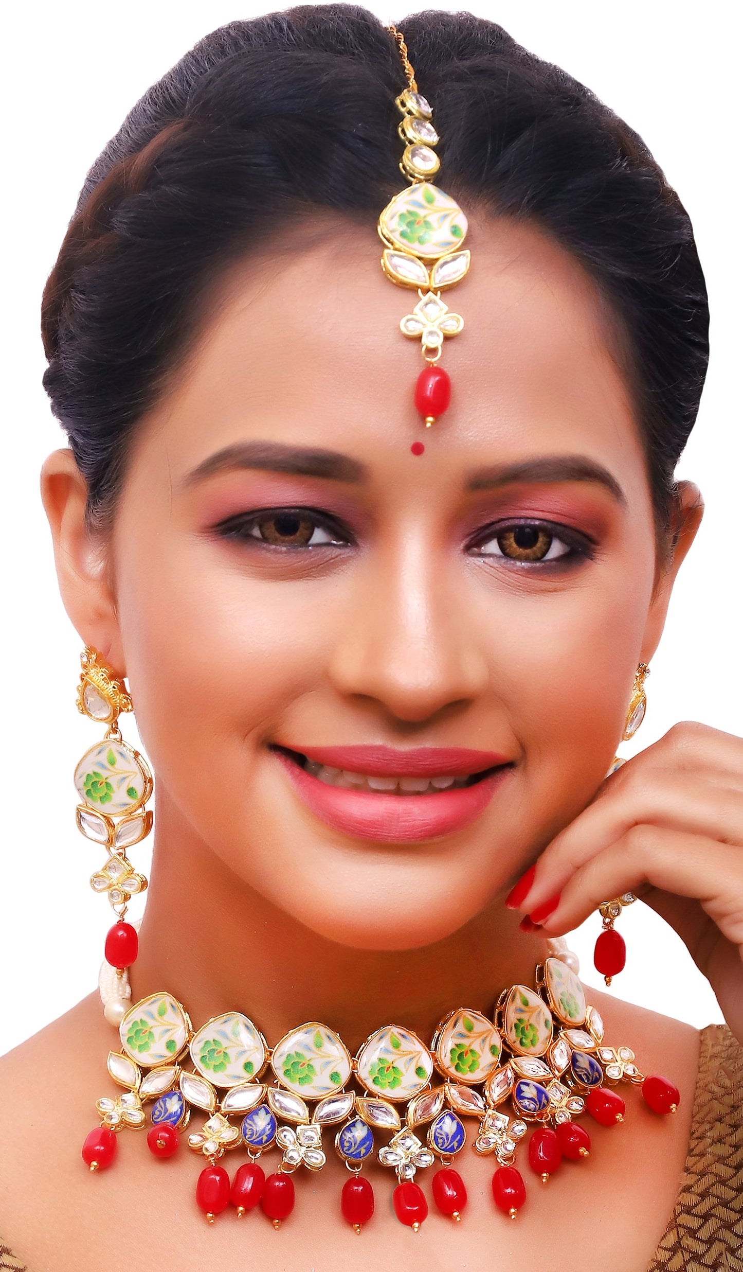Sujwel Kundan and Painting with Floral Design Chokar Necklace Set (08-0281) - Sujwel