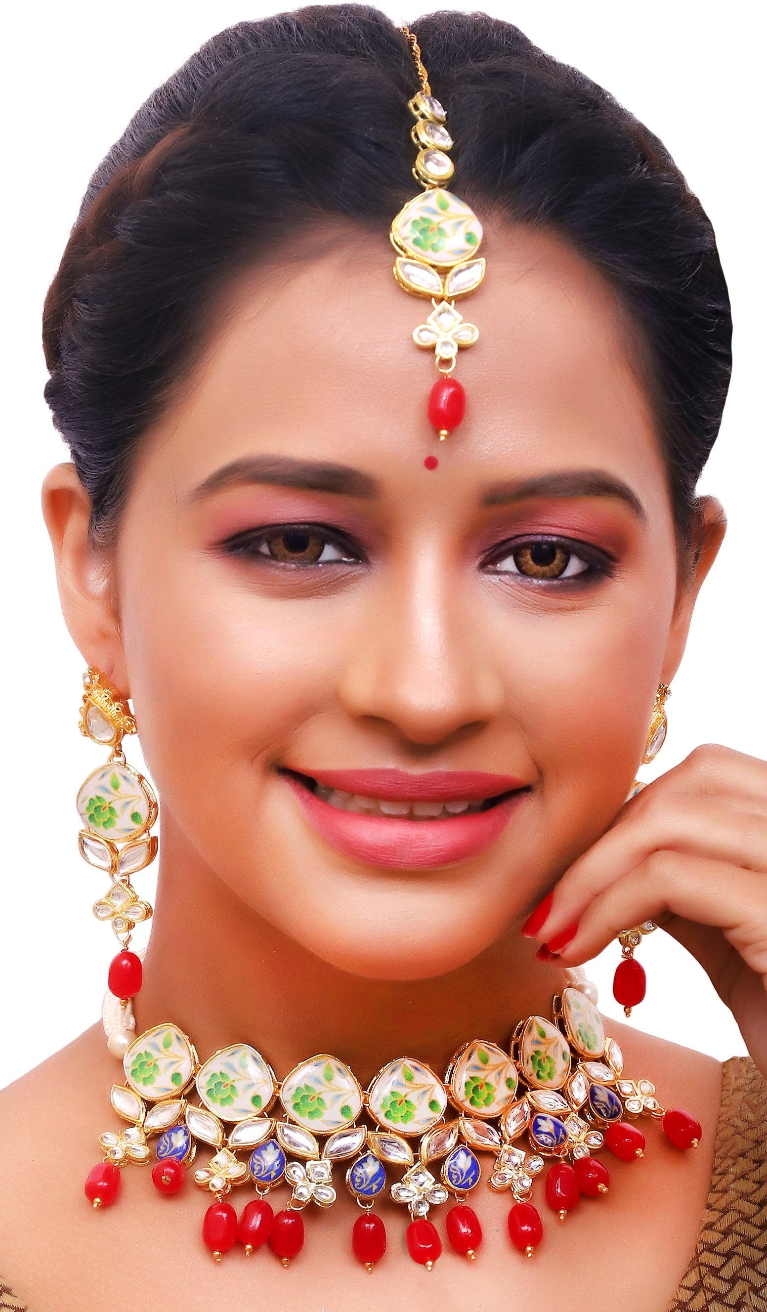 Sujwel Kundan and Painting with Floral Design Chokar Necklace Set (08-0281) - Sujwel