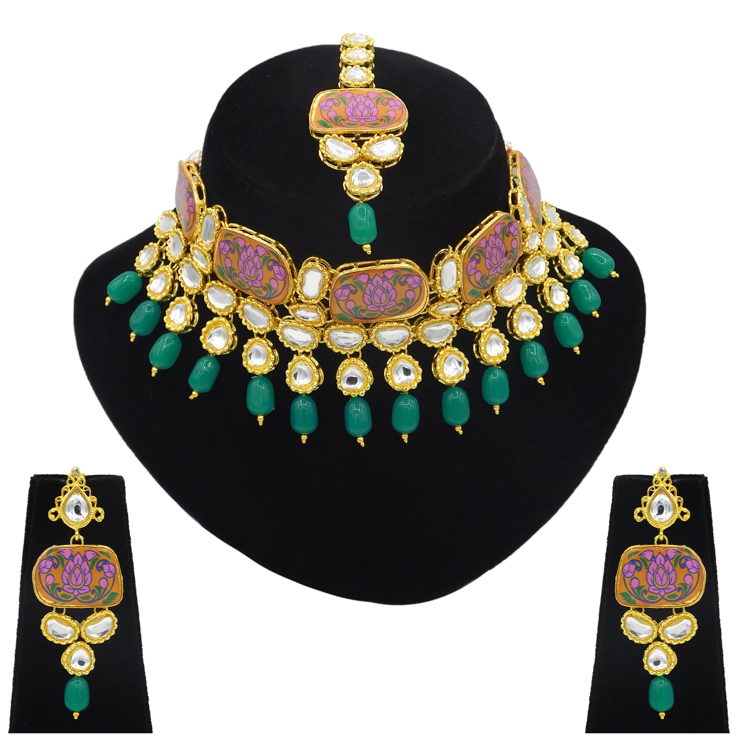 Sujwel Traditional Beaded Kundan Necklace Set With Maang Tikka for Women & Girls - Sujwel