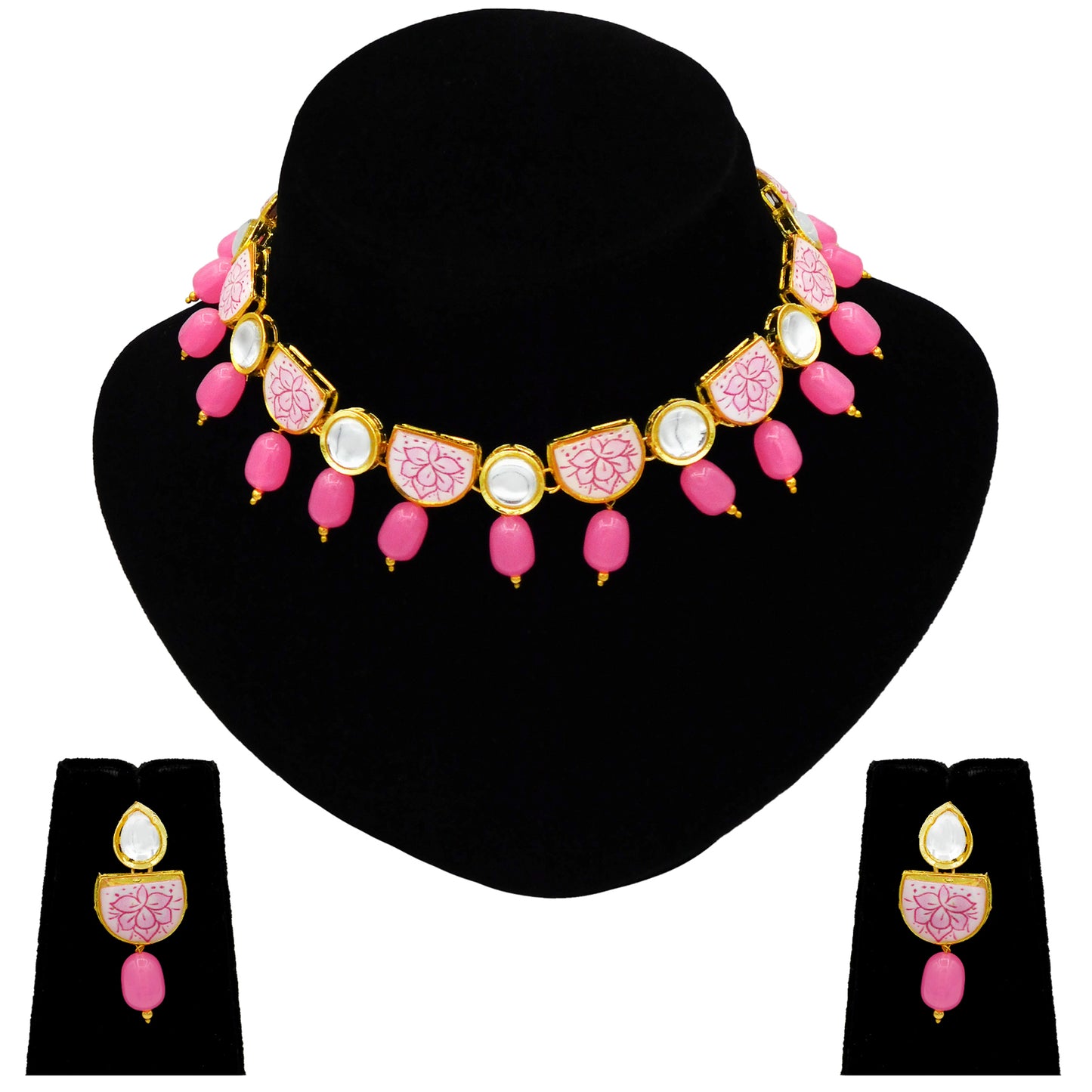 Sujwel Kundan and Painting with Floral Design Chokar Necklace Set (08-0428) - Sujwel