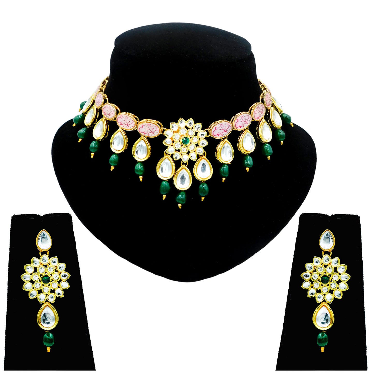Sujwel Kundan and Painting with Floral Design Chokar Necklace Set (08-0229) - Sujwel