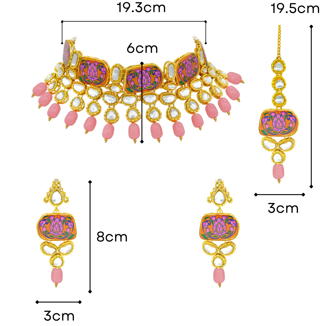 Sujwel Traditional Beaded Kundan Necklace Set With Maang Tikka for Women & Girls - Sujwel