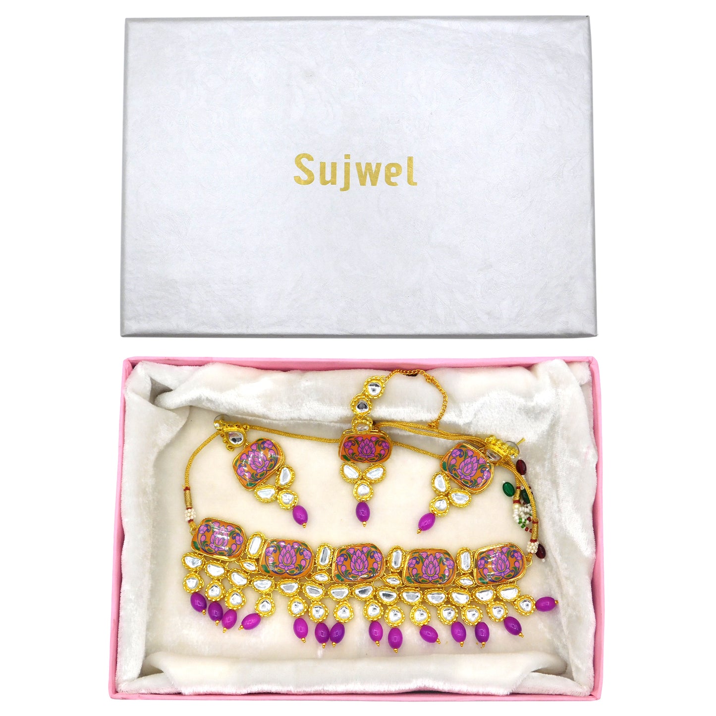 Sujwel Traditional Beaded Kundan Necklace Set With Maang Tikka for Women & Girls - Sujwel