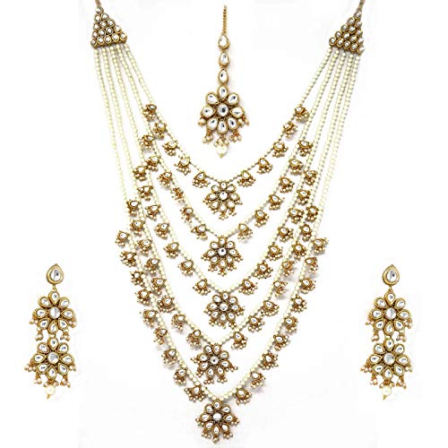 Sujwel Gold Plated Kundan 5 Layered Long Jewellery Set for Women (08-0107) - Sujwel