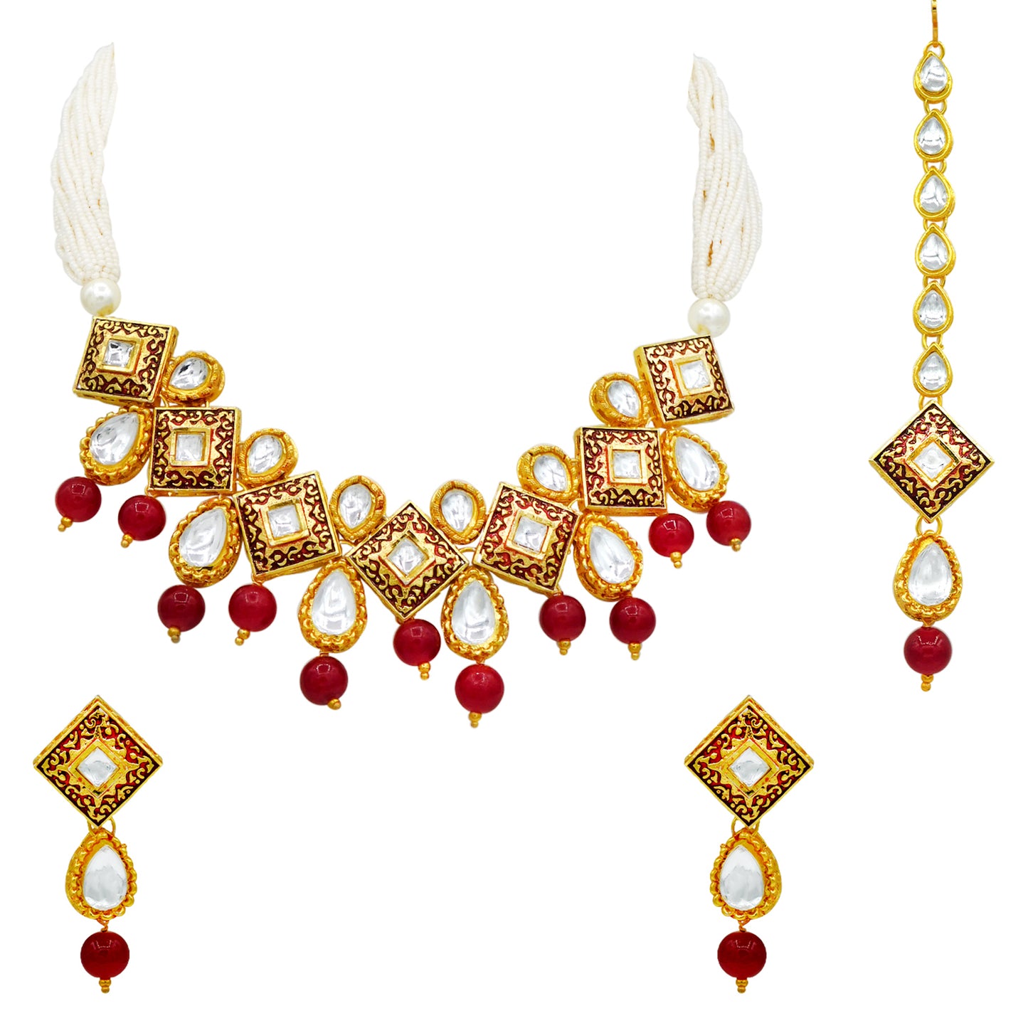 Sujwel Gold Plated Kundan Meenakari Design Choker Necklace Set (08-0122) - Sujwel
