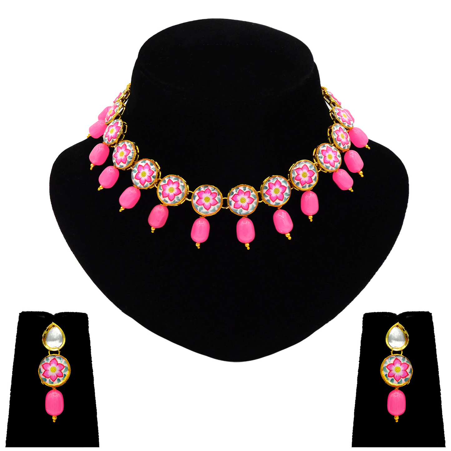 Sujwel Painting with Floral Design Chokar Necklace Set - Sujwel