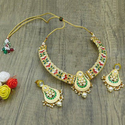 New Sujwel Imitation Hathi Dant Gold Necklace Set (08-0472)