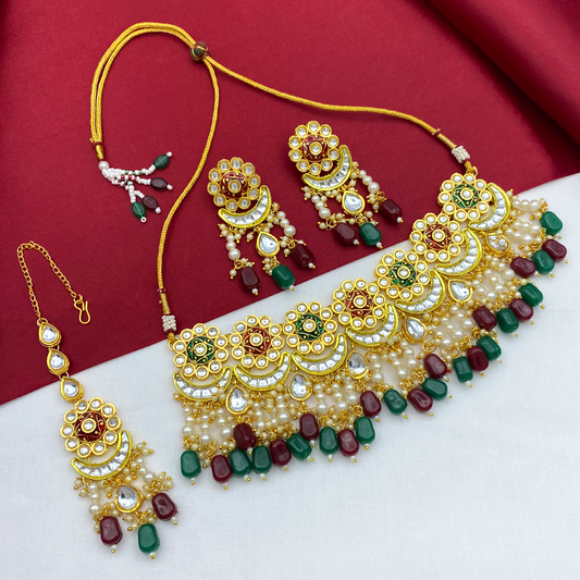 Sujwel Gold Plated Meenakari Choker Necklace Set (08-0243)