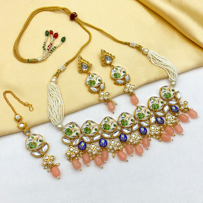 Sujwel Kundan and Painting with Floral Design Chokar Necklace Set (08-0281)