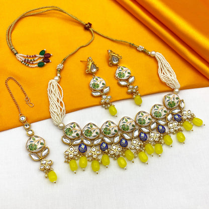 Sujwel Kundan and Painting with Floral Design Chokar Necklace Set (08-0281)