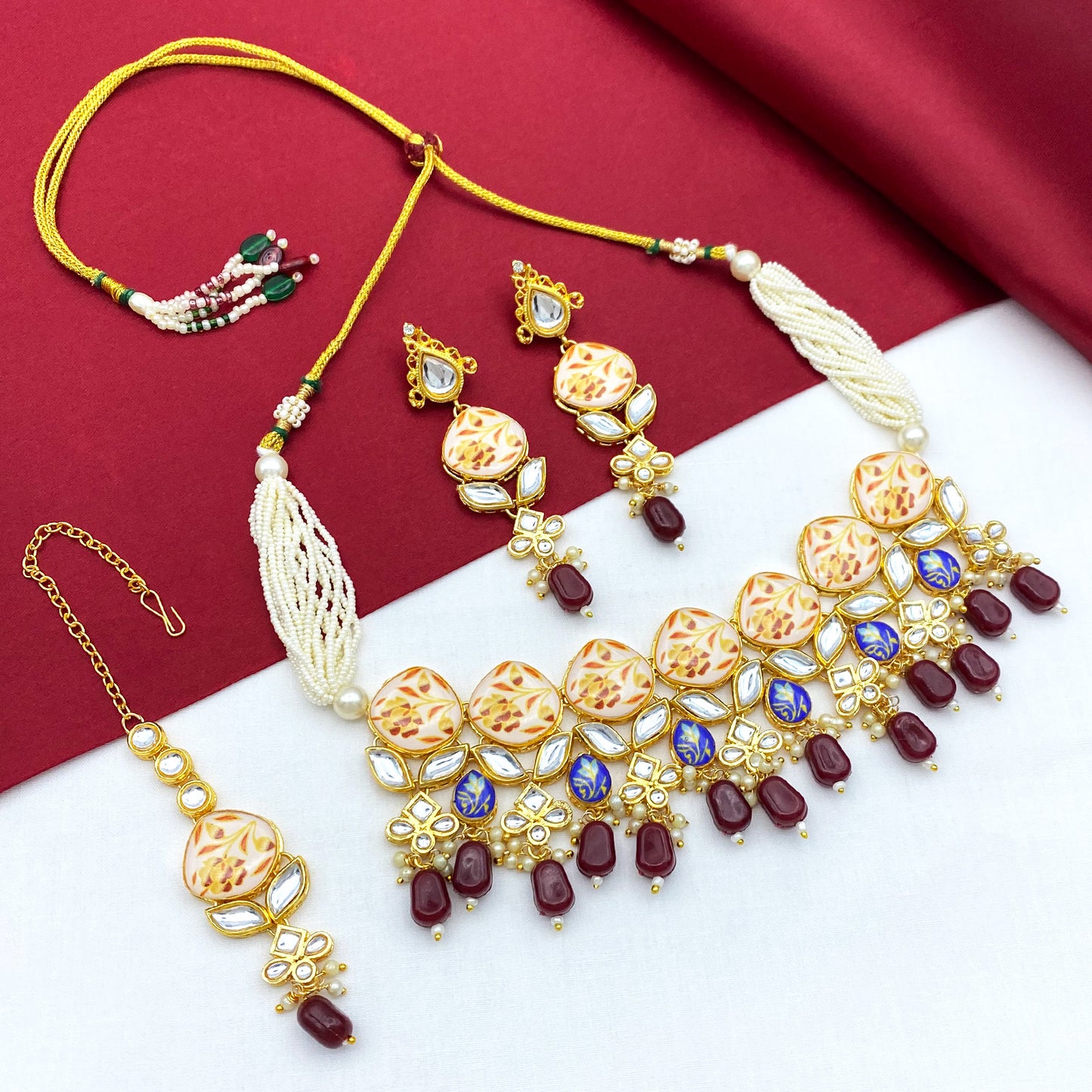 Sujwel Kundan and Painting with Floral Design Chokar Necklace Set (08-0281)