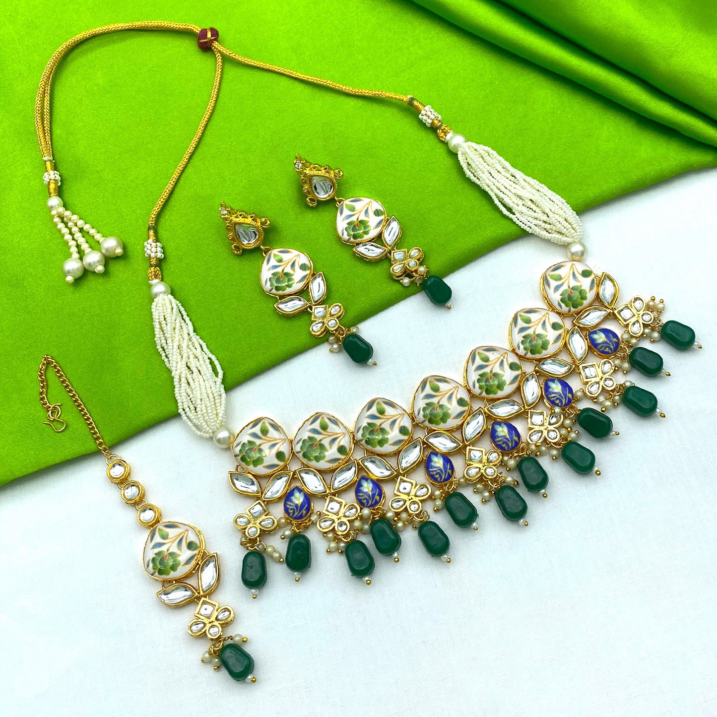 Sujwel Kundan and Painting with Floral Design Chokar Necklace Set (08-0281)