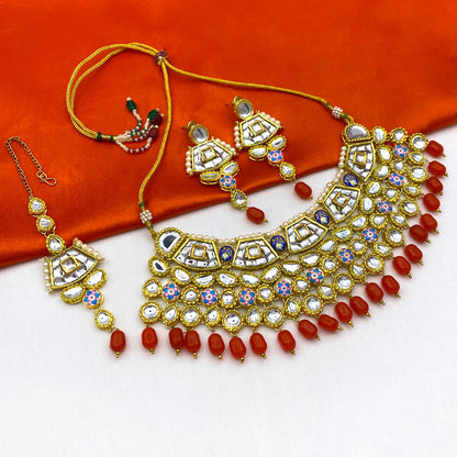 Sujwel Gold Plated Kundan Design Choker Necklace Set  For Women (08-0289)