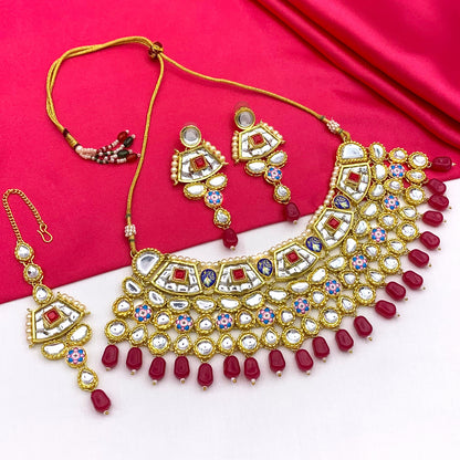 Sujwel Gold Plated Kundan Design Choker Necklace Set  For Women (08-0289)