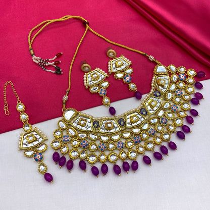 Sujwel Gold Plated Kundan Design Choker Necklace Set  For Women (08-0289)