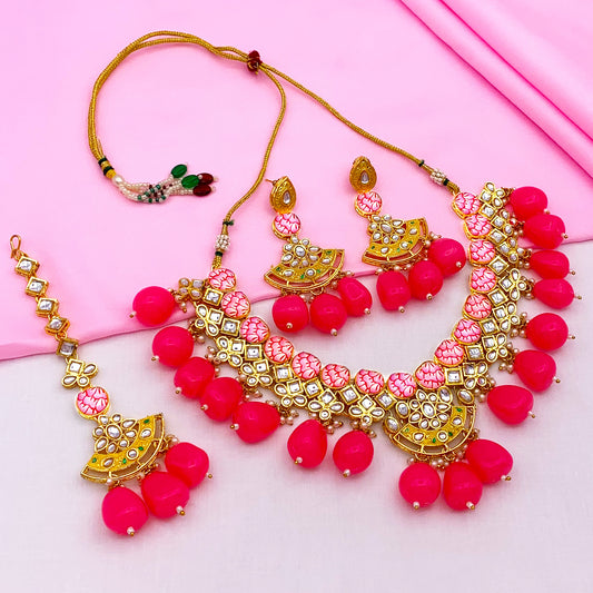 Sujwel Gold Toned Kundan Lamination Floral Design Necklace Set (08-0440)