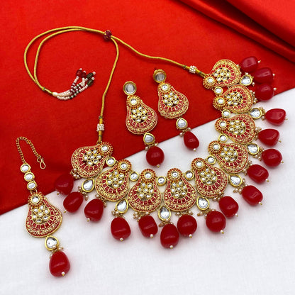 Sujwel Gold Plated Kundan Meenakari Choker Necklace Set (08-0447)