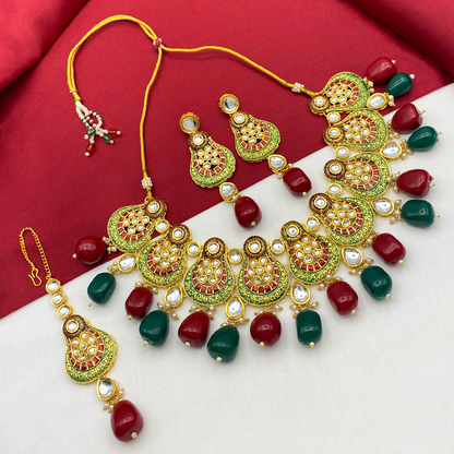 Sujwel Gold Plated Kundan Meenakari Choker Necklace Set (08-0447)