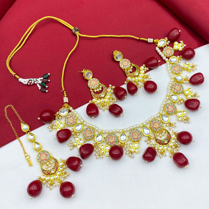 Sujwel Kundan and Meenakari with Floral Chokar Necklace Set (08-0453)